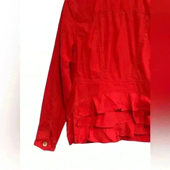 Cabi Taylor Utility Ruffle Back Button Down
Jacket #727 Red Orange - Picture 9 of 14